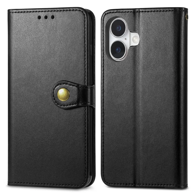 For iPhone 17 Case Wallet Stand Leather Phone Cover with Wrist Strap - Black