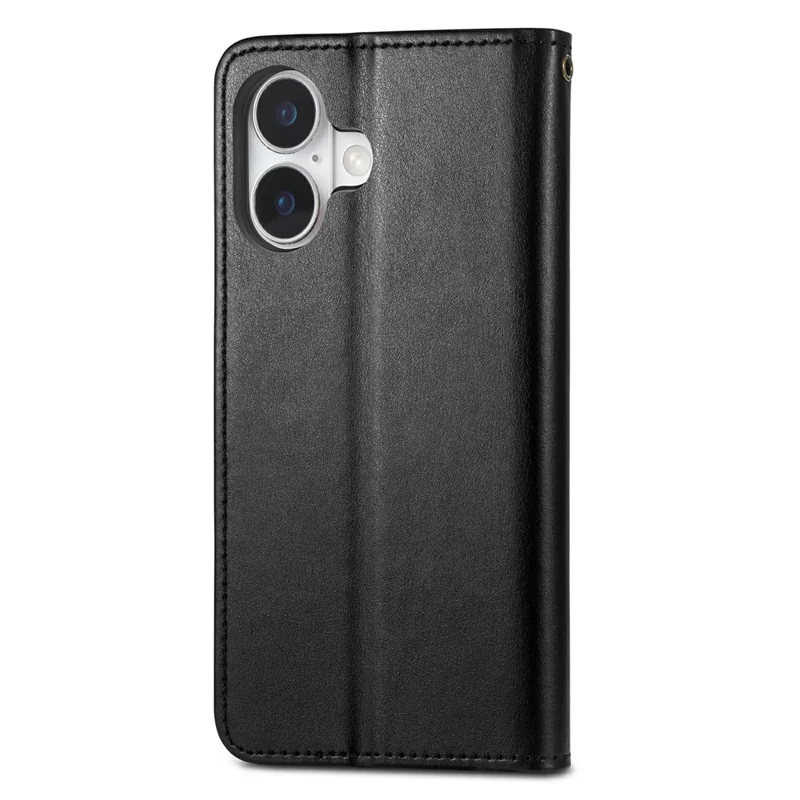 For iPhone 17 Case Wallet Stand Leather Phone Cover with Wrist Strap - Black