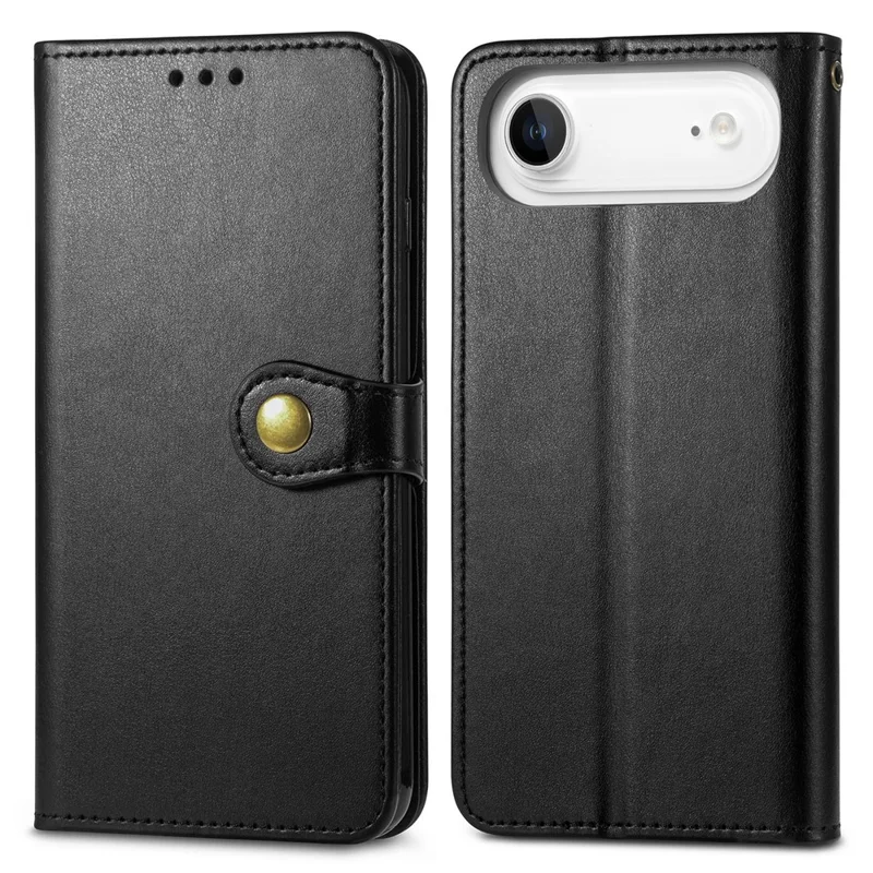 For iPhone Air Case Wallet Stand Leather Phone Cover with Wrist Strap - Black