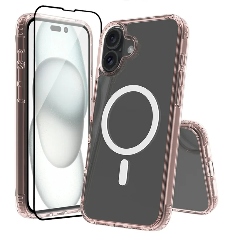 For iPhone 16 Case Compatible with MagSafe PC + TPU Clear Phone Cover with Tempered Glass Screen Protector - Pink