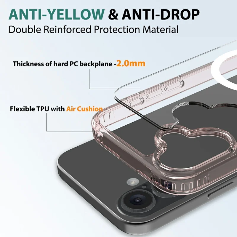 For iPhone 16 Case Compatible with MagSafe PC + TPU Clear Phone Cover with Tempered Glass Screen Protector - Pink