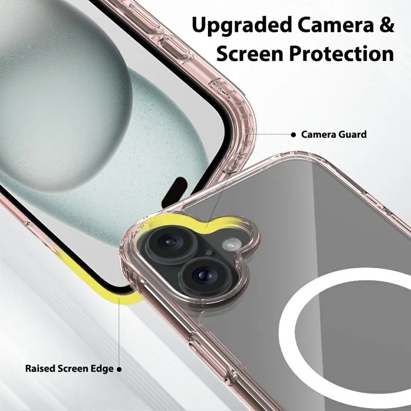 For iPhone 16 Case Compatible with MagSafe PC + TPU Clear Phone Cover with Tempered Glass Screen Protector - Pink