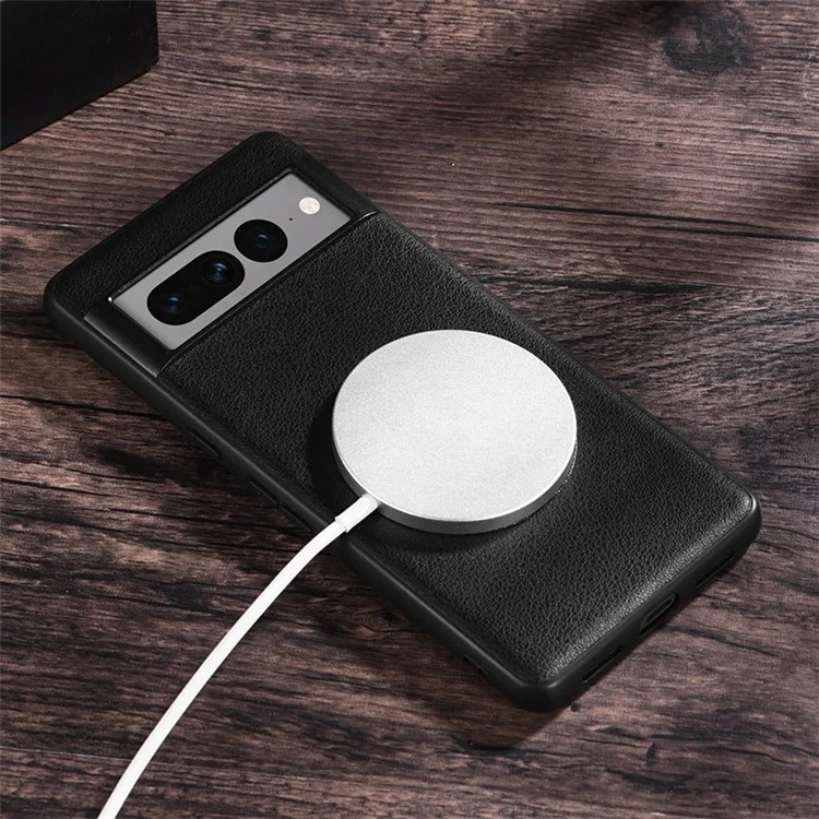 Para Google Pixel 7 Pro 5G, capa de telefone protetora de couro PU revestido de TPU+PC compatível com carregador magnético MagSafe - Preto