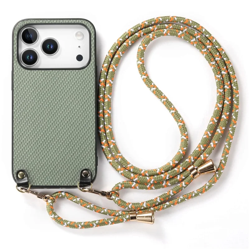 For iPhone 17 Pro Case Carbon Fiber Texture Hybrid Phone Back Cover with Adjustable Strap - Green