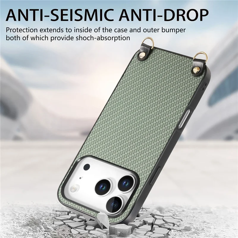 For iPhone 17 Pro Case Carbon Fiber Texture Hybrid Phone Back Cover with Adjustable Strap - Green