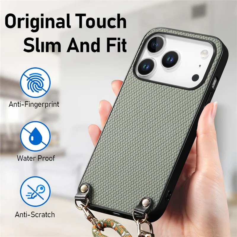 For iPhone 17 Pro Case Carbon Fiber Texture Hybrid Phone Back Cover with Adjustable Strap - Green