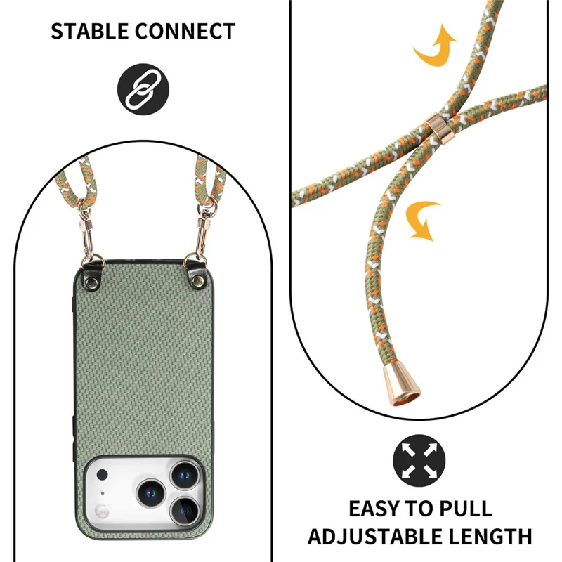 For iPhone 17 Pro Case Carbon Fiber Texture Hybrid Phone Back Cover with Adjustable Strap - Green