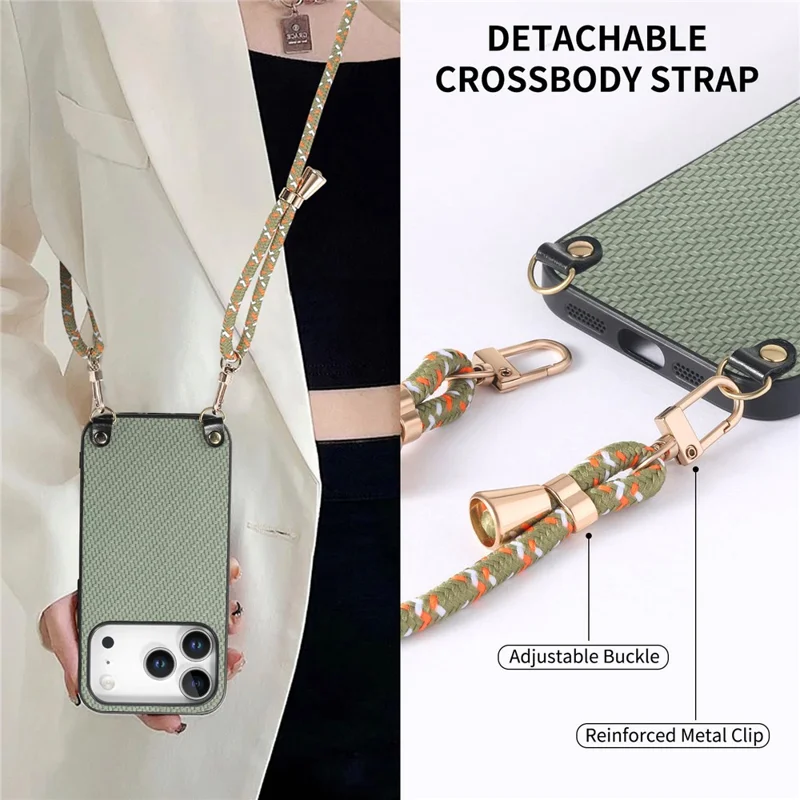 For iPhone 17 Pro Case Carbon Fiber Texture Hybrid Phone Back Cover with Adjustable Strap - Green