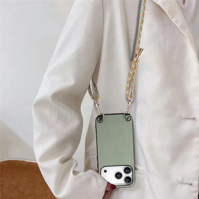 For iPhone 17 Pro Case Carbon Fiber Texture Hybrid Phone Back Cover with Adjustable Strap - Green