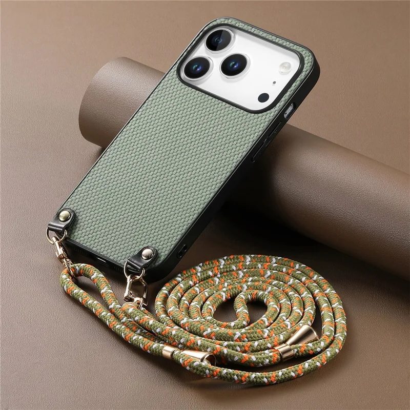 For iPhone 17 Pro Case Carbon Fiber Texture Hybrid Phone Back Cover with Adjustable Strap - Green