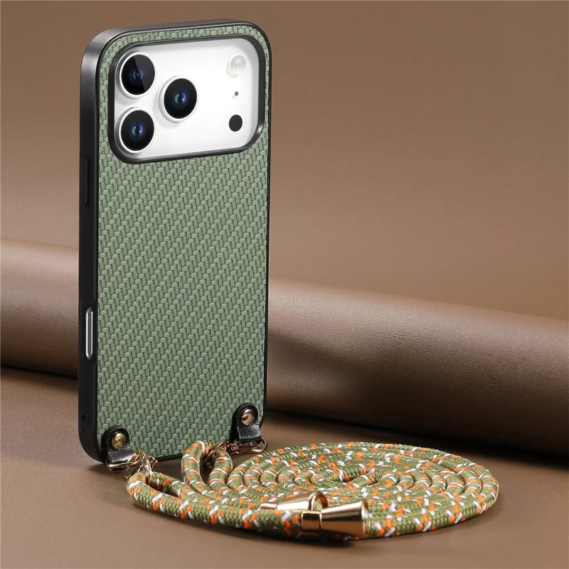For iPhone 17 Pro Case Carbon Fiber Texture Hybrid Phone Back Cover with Adjustable Strap - Green