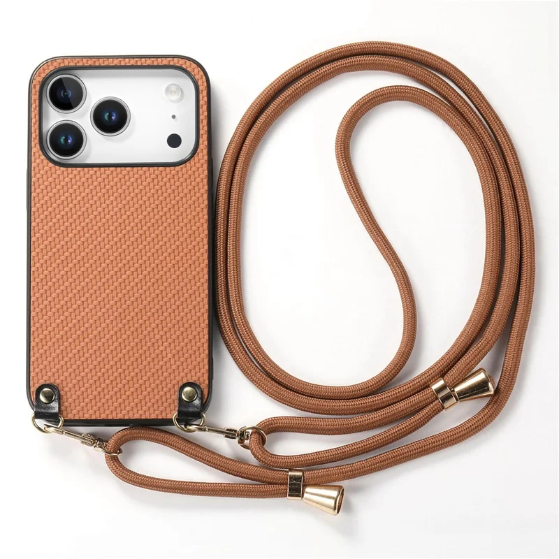 For iPhone 17 Pro Case Carbon Fiber Texture Hybrid Phone Back Cover with Adjustable Strap - Brown