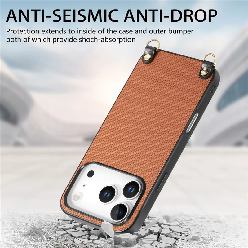 For iPhone 17 Pro Case Carbon Fiber Texture Hybrid Phone Back Cover with Adjustable Strap - Brown