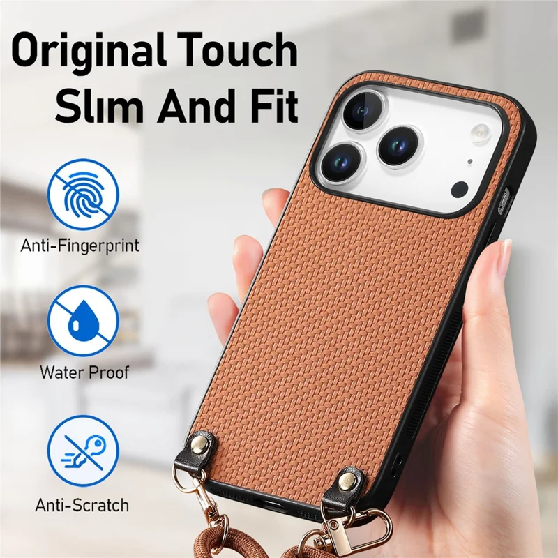 For iPhone 17 Pro Case Carbon Fiber Texture Hybrid Phone Back Cover with Adjustable Strap - Brown