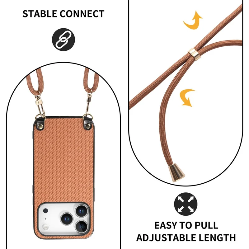For iPhone 17 Pro Case Carbon Fiber Texture Hybrid Phone Back Cover with Adjustable Strap - Brown