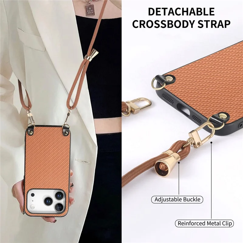For iPhone 17 Pro Case Carbon Fiber Texture Hybrid Phone Back Cover with Adjustable Strap - Brown