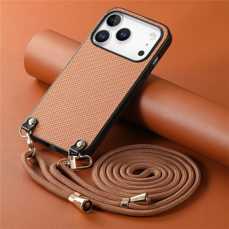 For iPhone 17 Pro Case Carbon Fiber Texture Hybrid Phone Back Cover with Adjustable Strap - Brown