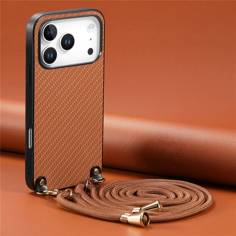 For iPhone 17 Pro Case Carbon Fiber Texture Hybrid Phone Back Cover with Adjustable Strap - Brown