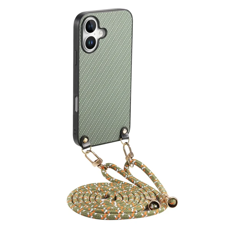 For iPhone 17 Case Carbon Fiber Texture Hybrid Phone Back Cover with Adjustable Strap - Green