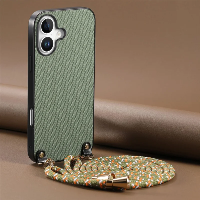For iPhone 17 Case Carbon Fiber Texture Hybrid Phone Back Cover with Adjustable Strap - Green
