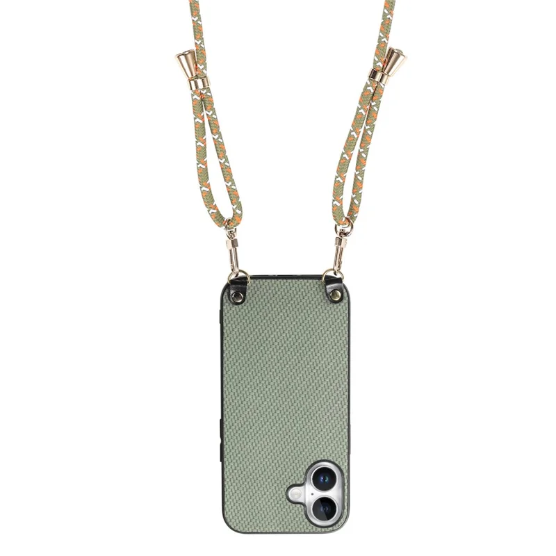 For iPhone 17 Case Carbon Fiber Texture Hybrid Phone Back Cover with Adjustable Strap - Green