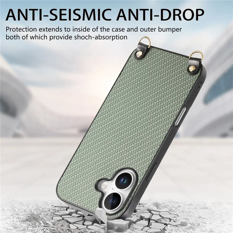 For iPhone 17 Case Carbon Fiber Texture Hybrid Phone Back Cover with Adjustable Strap - Green