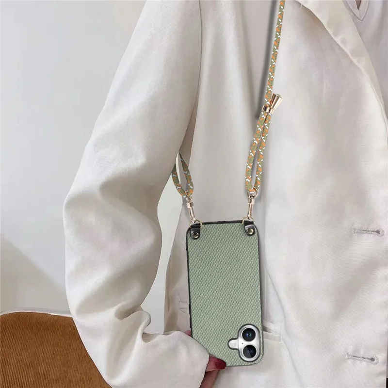 For iPhone 17 Case Carbon Fiber Texture Hybrid Phone Back Cover with Adjustable Strap - Green