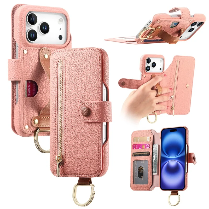 For iPhone 17 Pro Case RFID Blocking Zipper Wallet PU Leather Mobile Cover - Pink