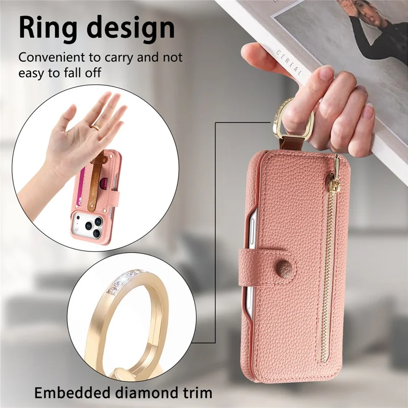 For iPhone 17 Pro Case RFID Blocking Zipper Wallet PU Leather Mobile Cover - Pink