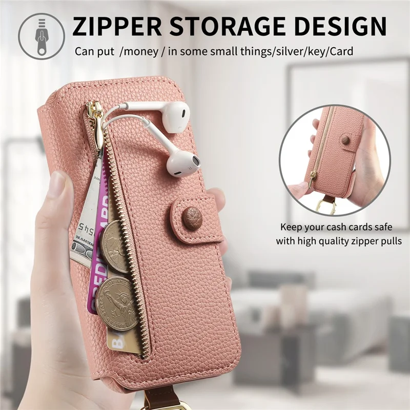 For iPhone 17 Pro Case RFID Blocking Zipper Wallet PU Leather Mobile Cover - Pink