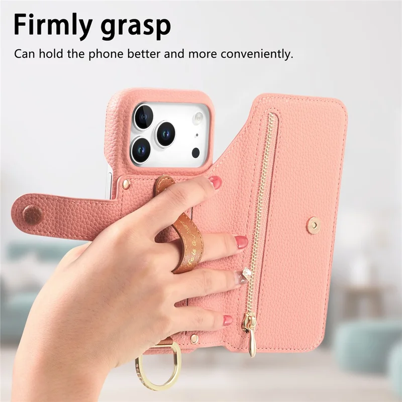 For iPhone 17 Pro Case RFID Blocking Zipper Wallet PU Leather Mobile Cover - Pink