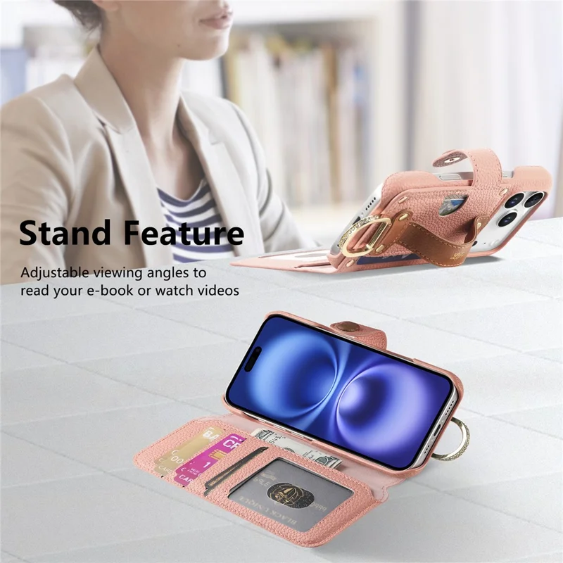 For iPhone 17 Pro Case RFID Blocking Zipper Wallet PU Leather Mobile Cover - Pink