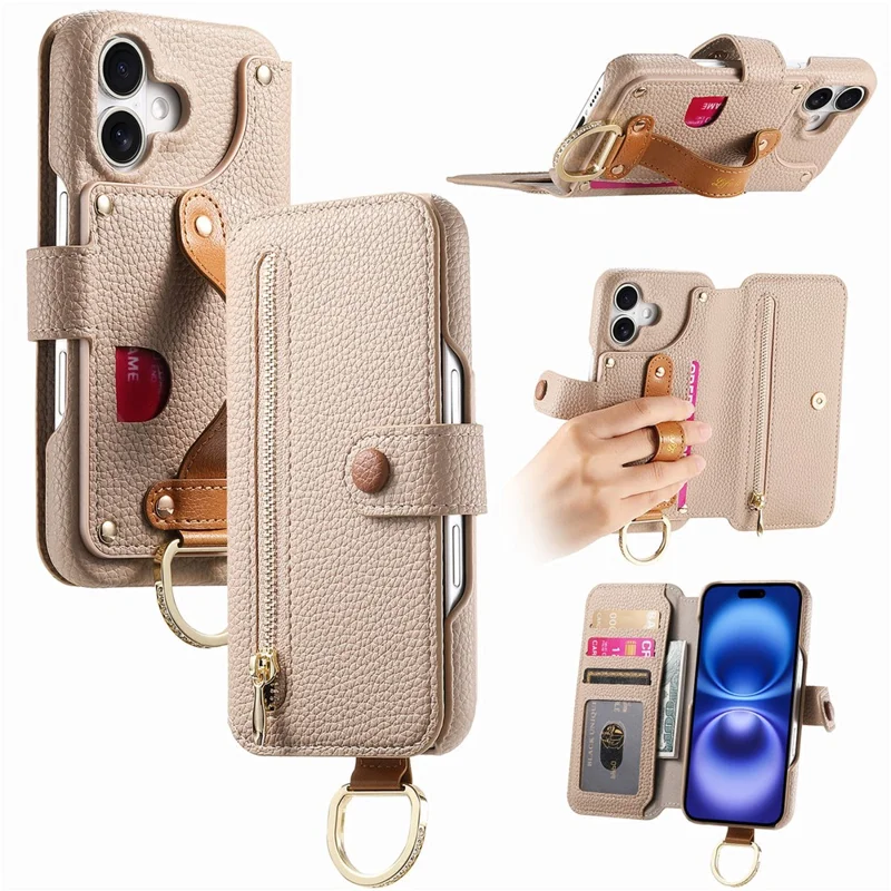 For iPhone 17 Case RFID Blocking Zipper Wallet PU Leather Mobile Cover - Khaki