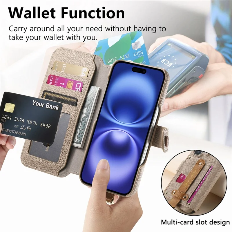 For iPhone 17 Case RFID Blocking Zipper Wallet PU Leather Mobile Cover - Khaki