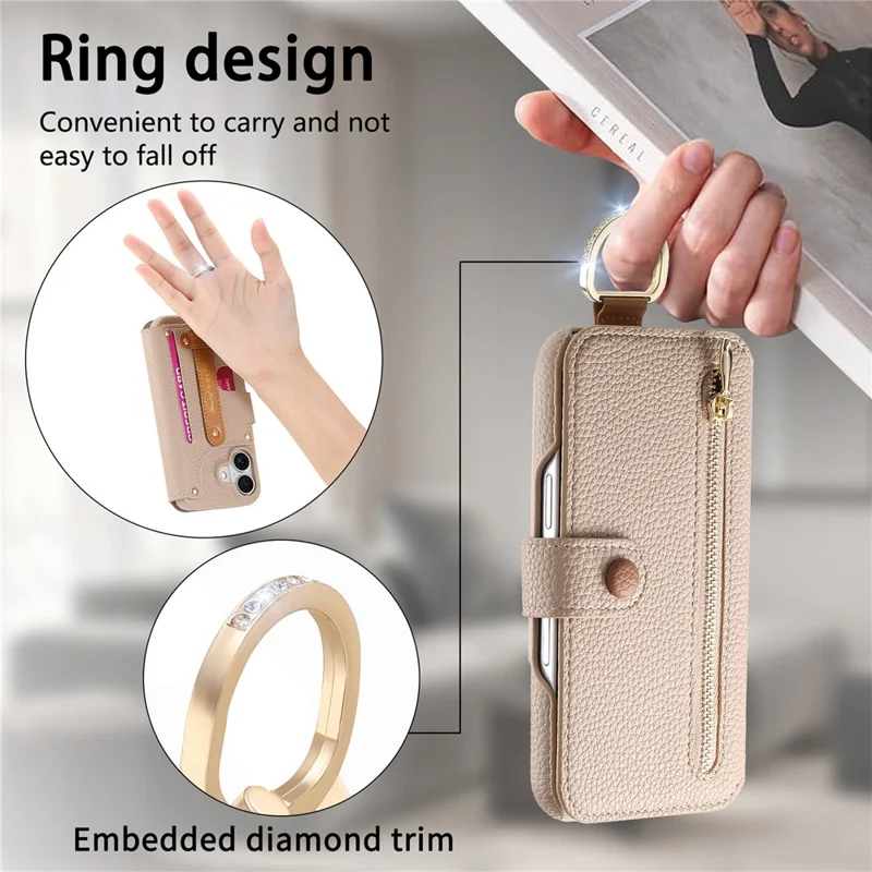 For iPhone 17 Case RFID Blocking Zipper Wallet PU Leather Mobile Cover - Khaki