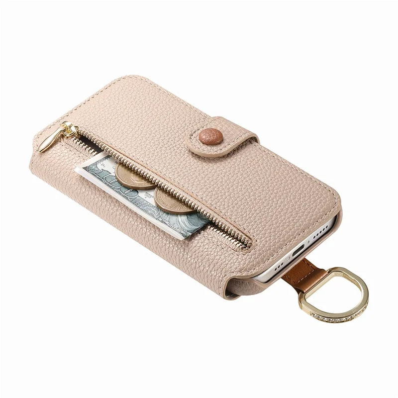 For iPhone 17 Case RFID Blocking Zipper Wallet PU Leather Mobile Cover - Khaki