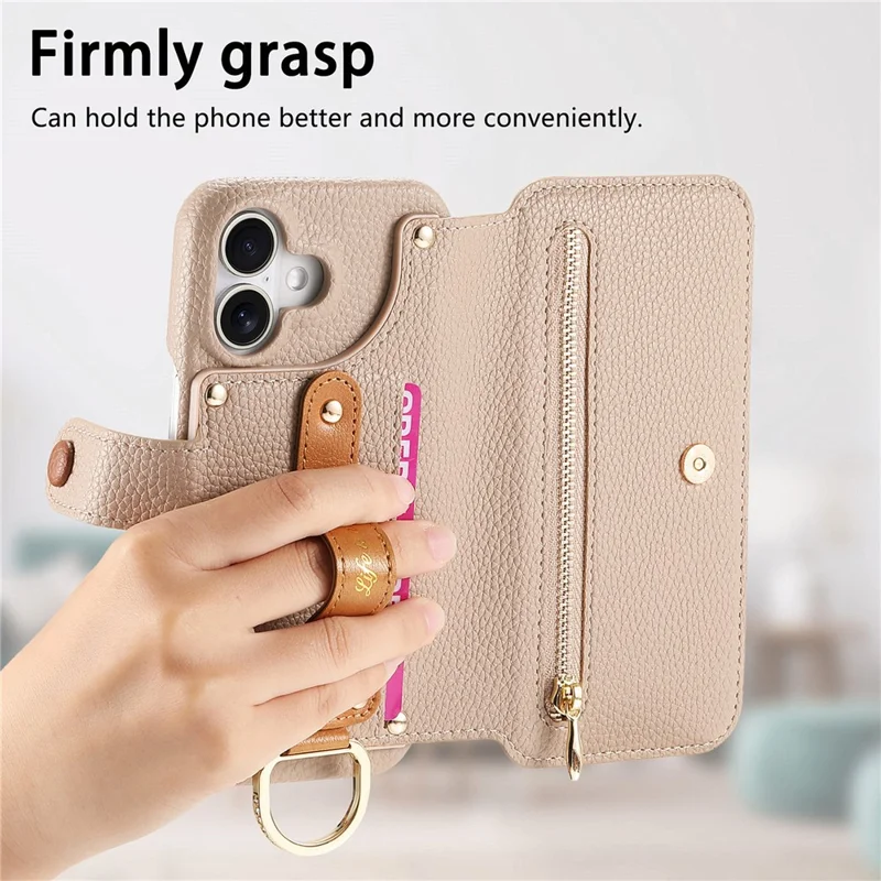For iPhone 17 Case RFID Blocking Zipper Wallet PU Leather Mobile Cover - Khaki