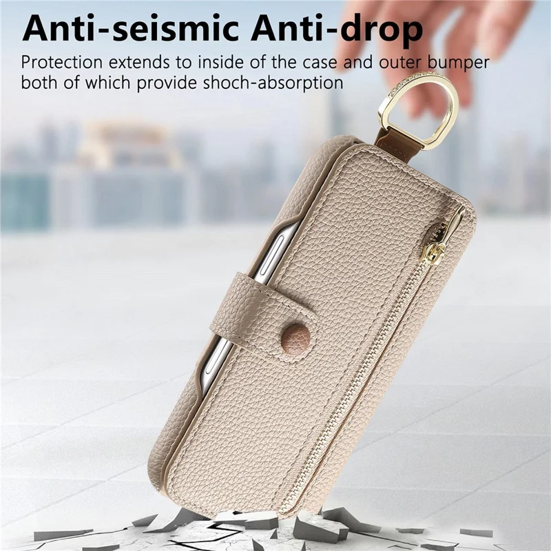 For iPhone 17 Case RFID Blocking Zipper Wallet PU Leather Mobile Cover - Khaki
