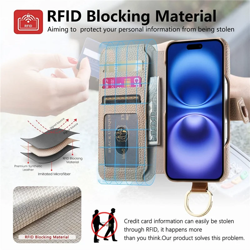For iPhone 17 Case RFID Blocking Zipper Wallet PU Leather Mobile Cover - Khaki