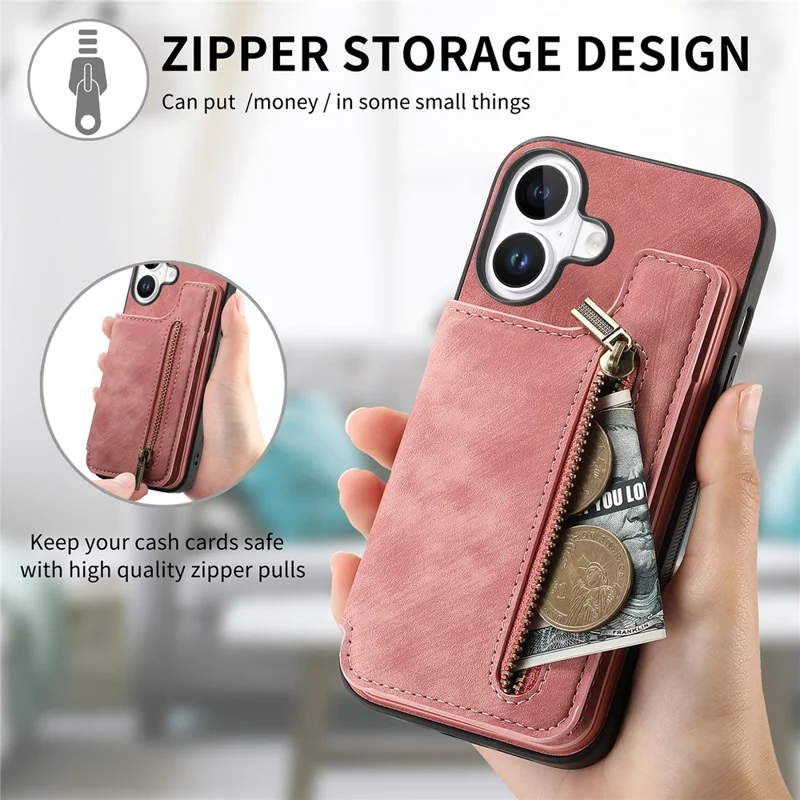 For iPhone 17 Case with Zipper Card Holder Retro Leather TPU Phone Cover - Pink