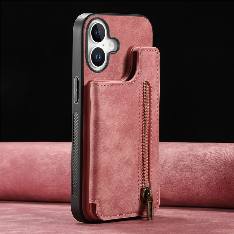 For iPhone 17 Case with Zipper Card Holder Retro Leather TPU Phone Cover - Pink