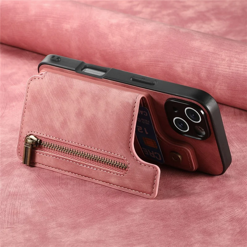 For iPhone 17 Case with Zipper Card Holder Retro Leather TPU Phone Cover - Pink