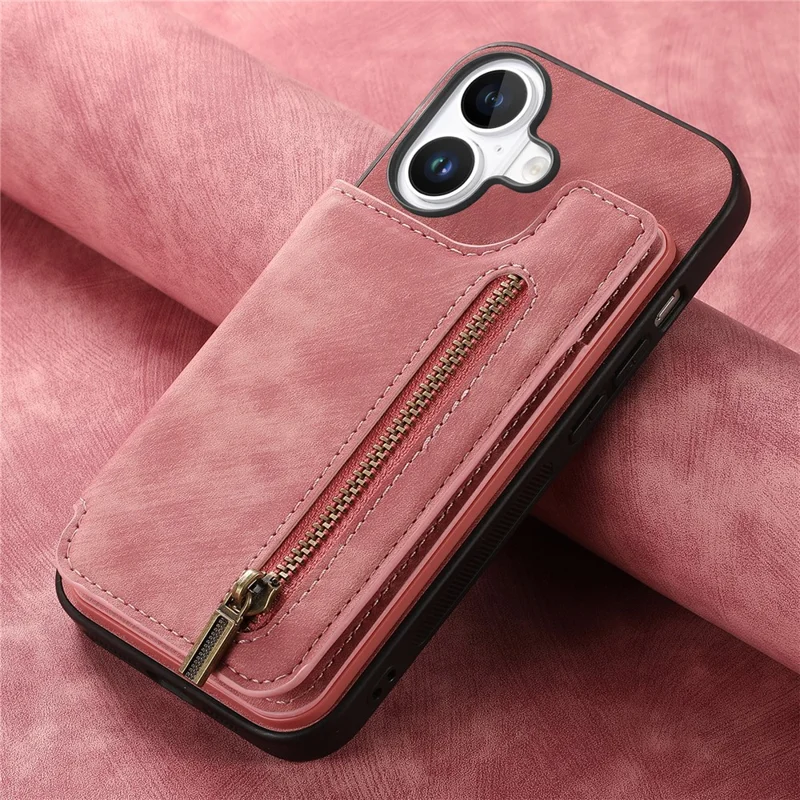 For iPhone 17 Case with Zipper Card Holder Retro Leather TPU Phone Cover - Pink