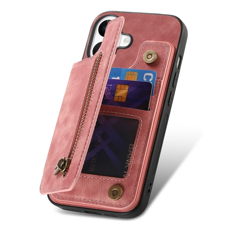 For iPhone 17 Case with Zipper Card Holder Retro Leather TPU Phone Cover - Pink