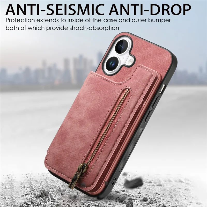 For iPhone 17 Case with Zipper Card Holder Retro Leather TPU Phone Cover - Pink