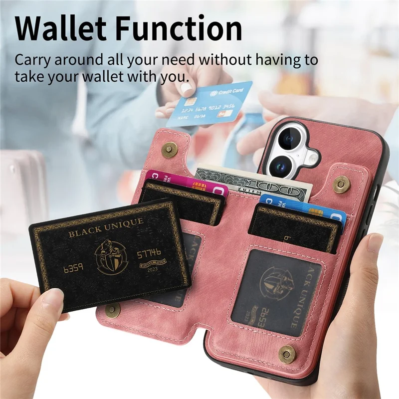 For iPhone 17 Case with Zipper Card Holder Retro Leather TPU Phone Cover - Pink