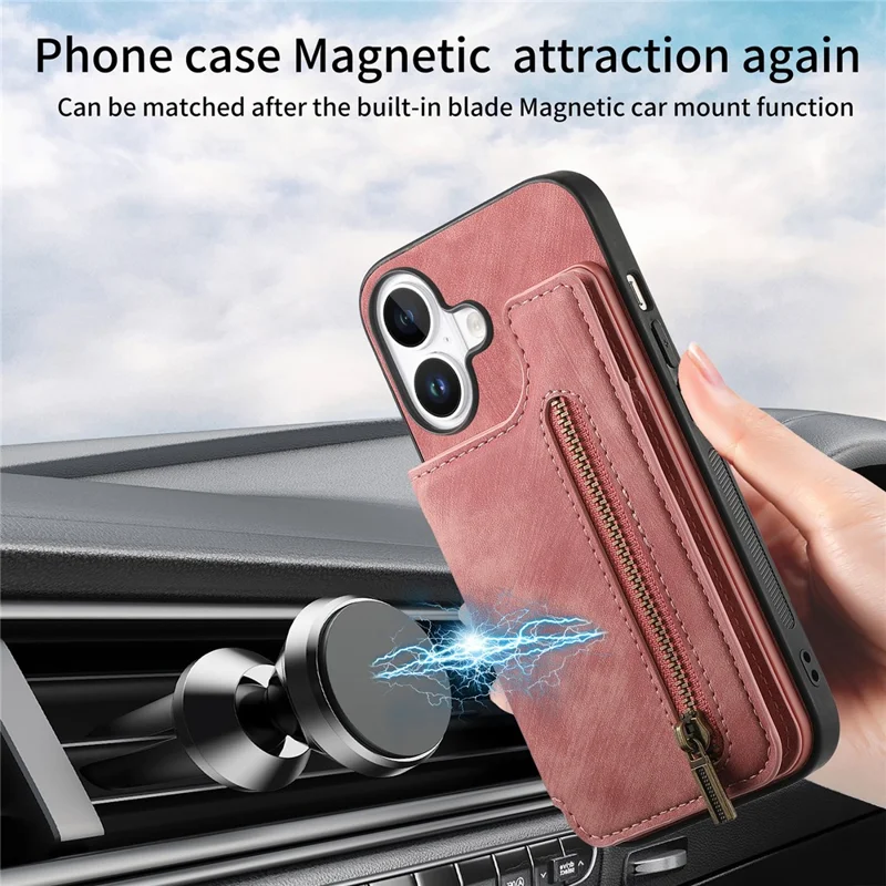 For iPhone 17 Case with Zipper Card Holder Retro Leather TPU Phone Cover - Pink