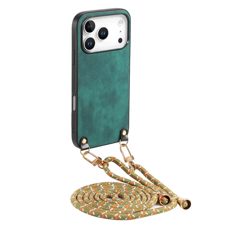 For iPhone 17 Pro Max Retro Leather Phone Back Cover with Adjustable Strap - Green