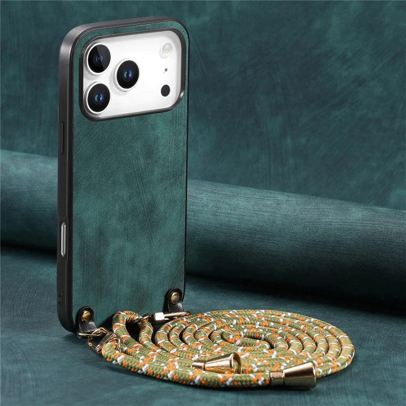 For iPhone 17 Pro Max Retro Leather Phone Back Cover with Adjustable Strap - Green