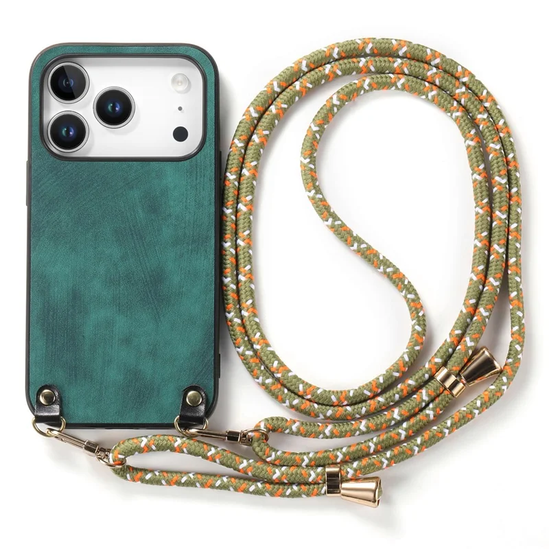 For iPhone 17 Pro Max Retro Leather Phone Back Cover with Adjustable Strap - Green